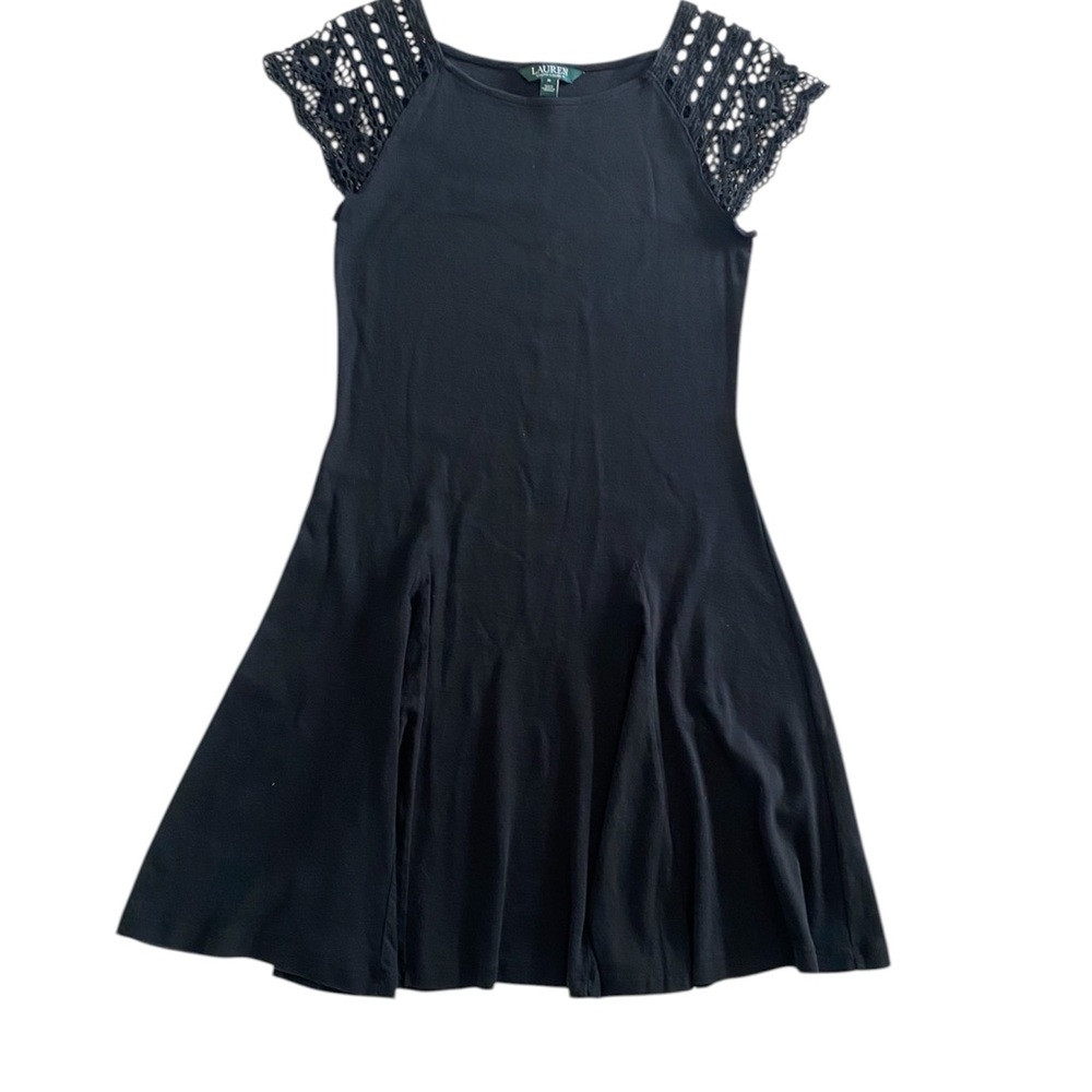 Lauren Ralph Lauren Woman’s Black Knit Dress with Crochet Cap Sleeves SZ Medium
